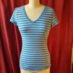 Wet Seal V-Neck Basic Tee, Blue/Gray Stripe, L
